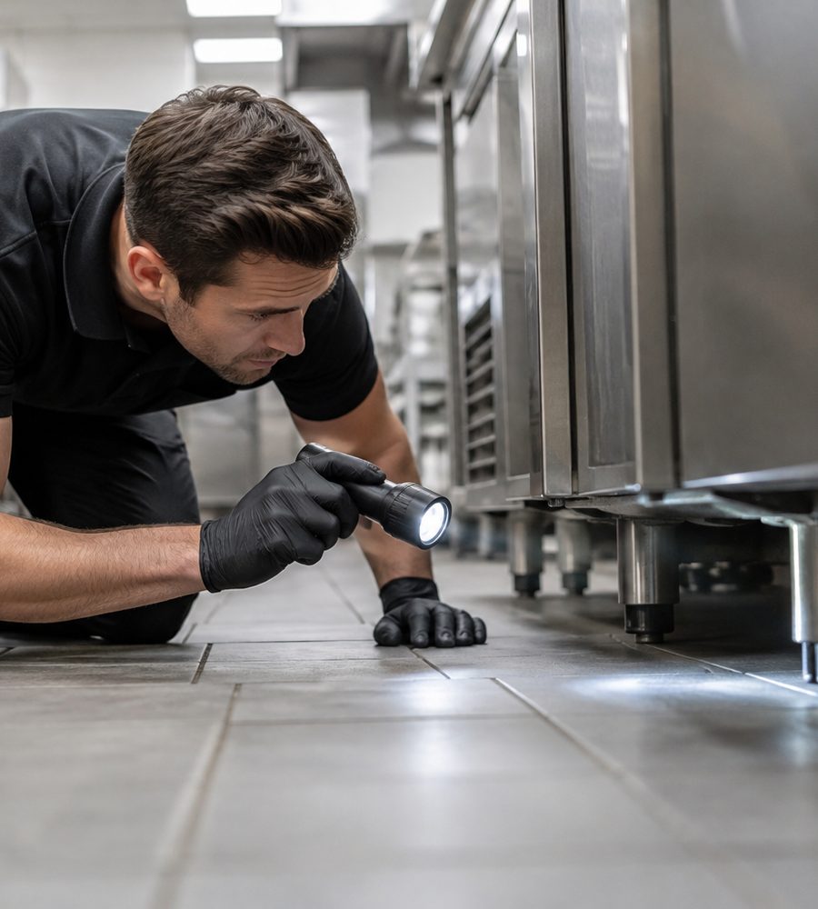 Technician inspecting a commercial kitchen for pests in Fort Wayne, IN