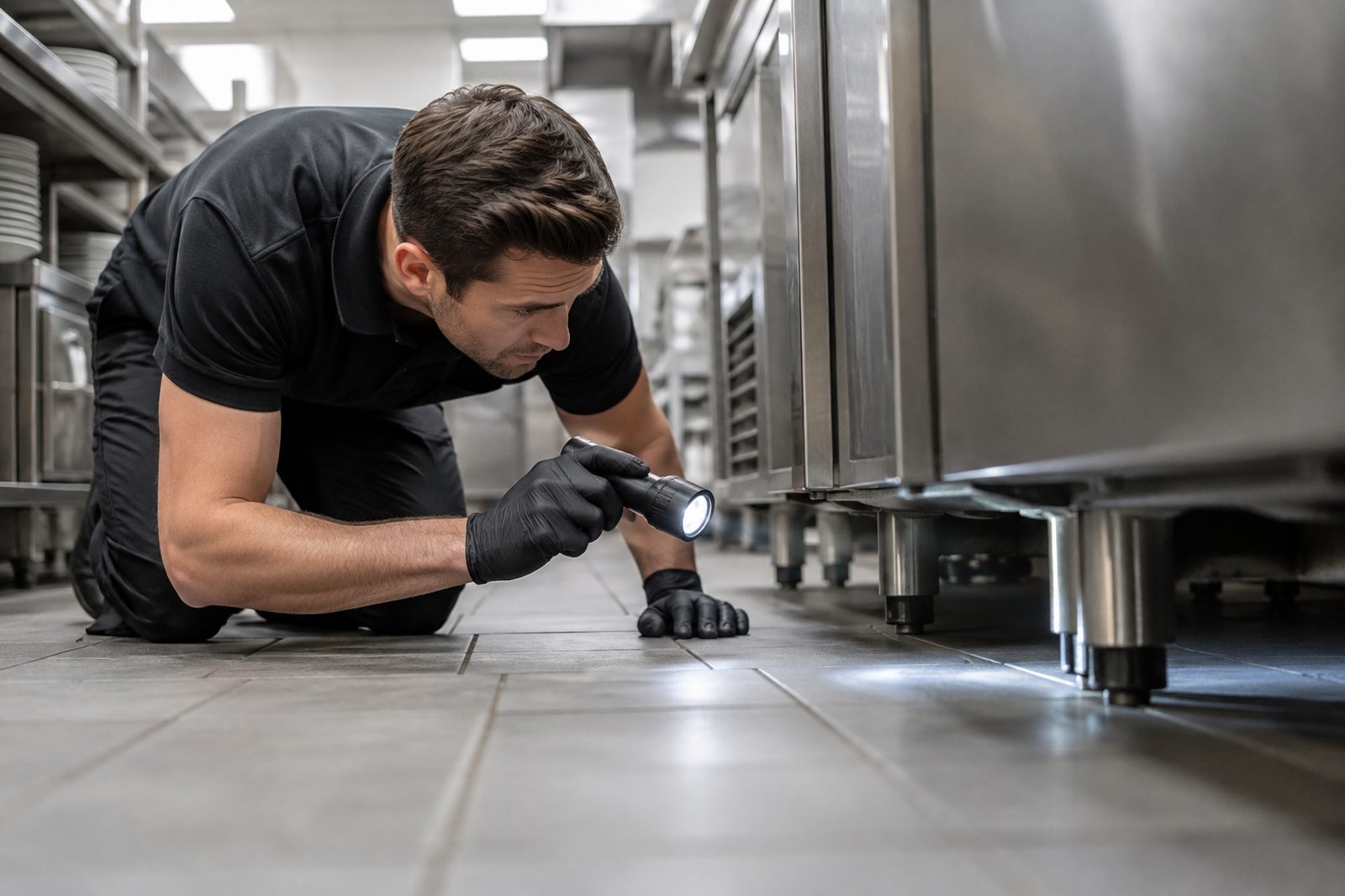 Technician inspecting a commercial kitchen for pests in Fort Wayne, IN