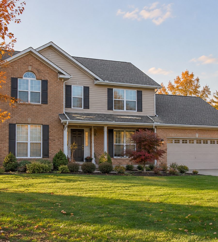 Two-story brick home with autumn maple trees in Fort Wayne, Indiana