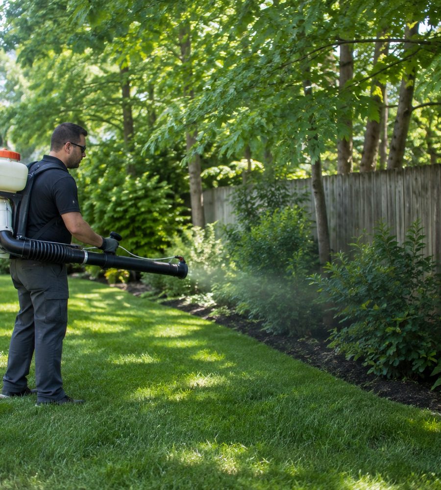 Technician treating backyard shrubs for mosquitoes in Fort Wayne, IN