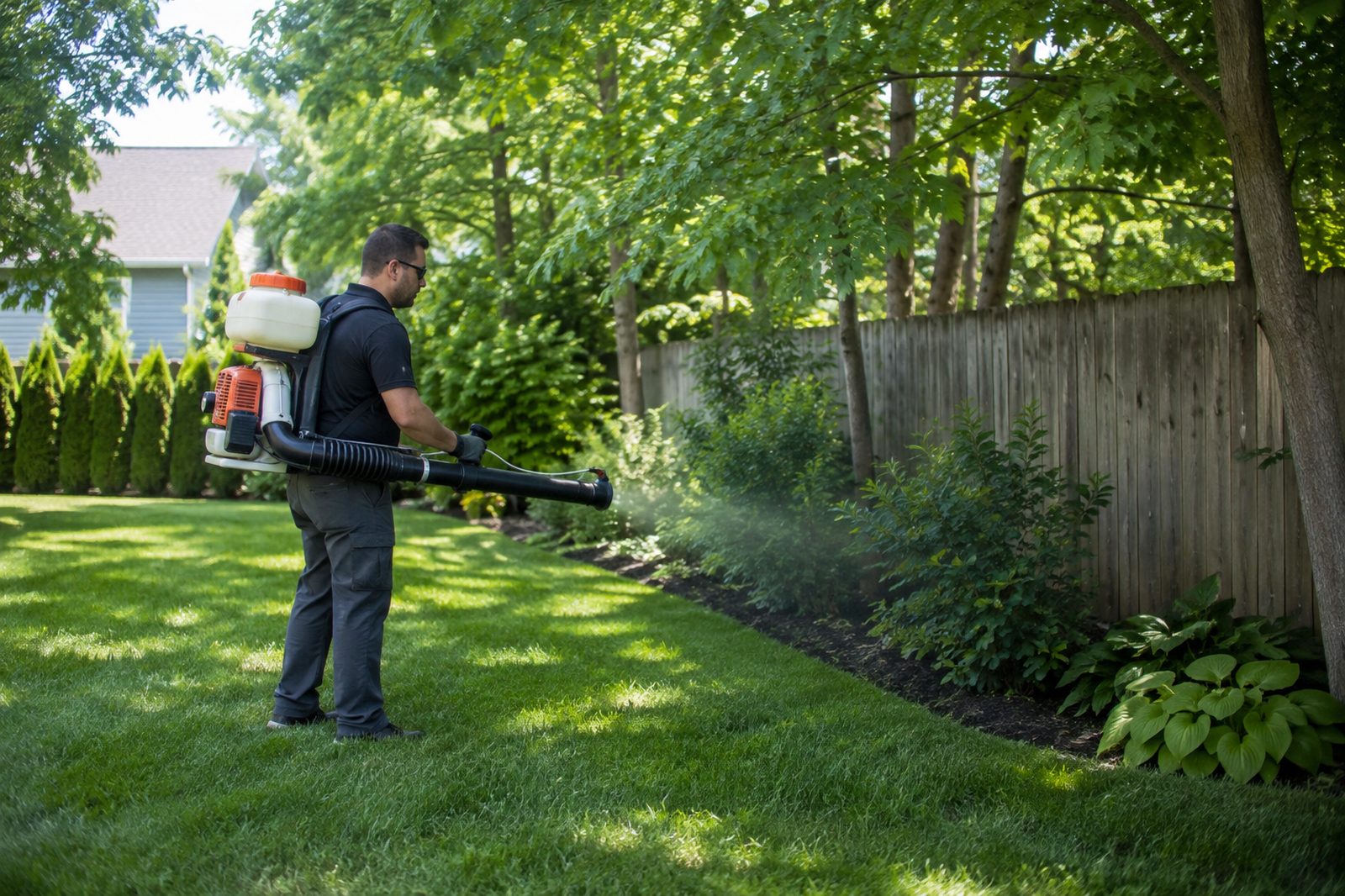 Technician treating backyard shrubs for mosquitoes in Fort Wayne, IN