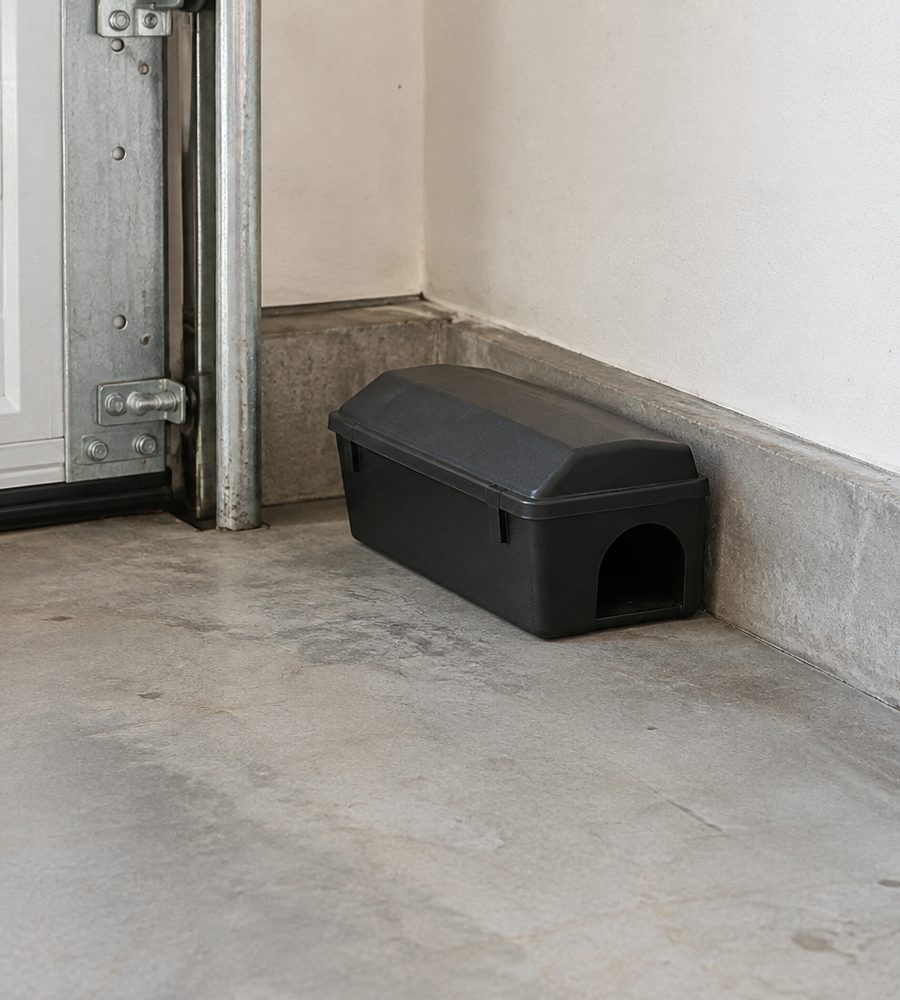 Tamper-resistant rodent bait station in a residential garage