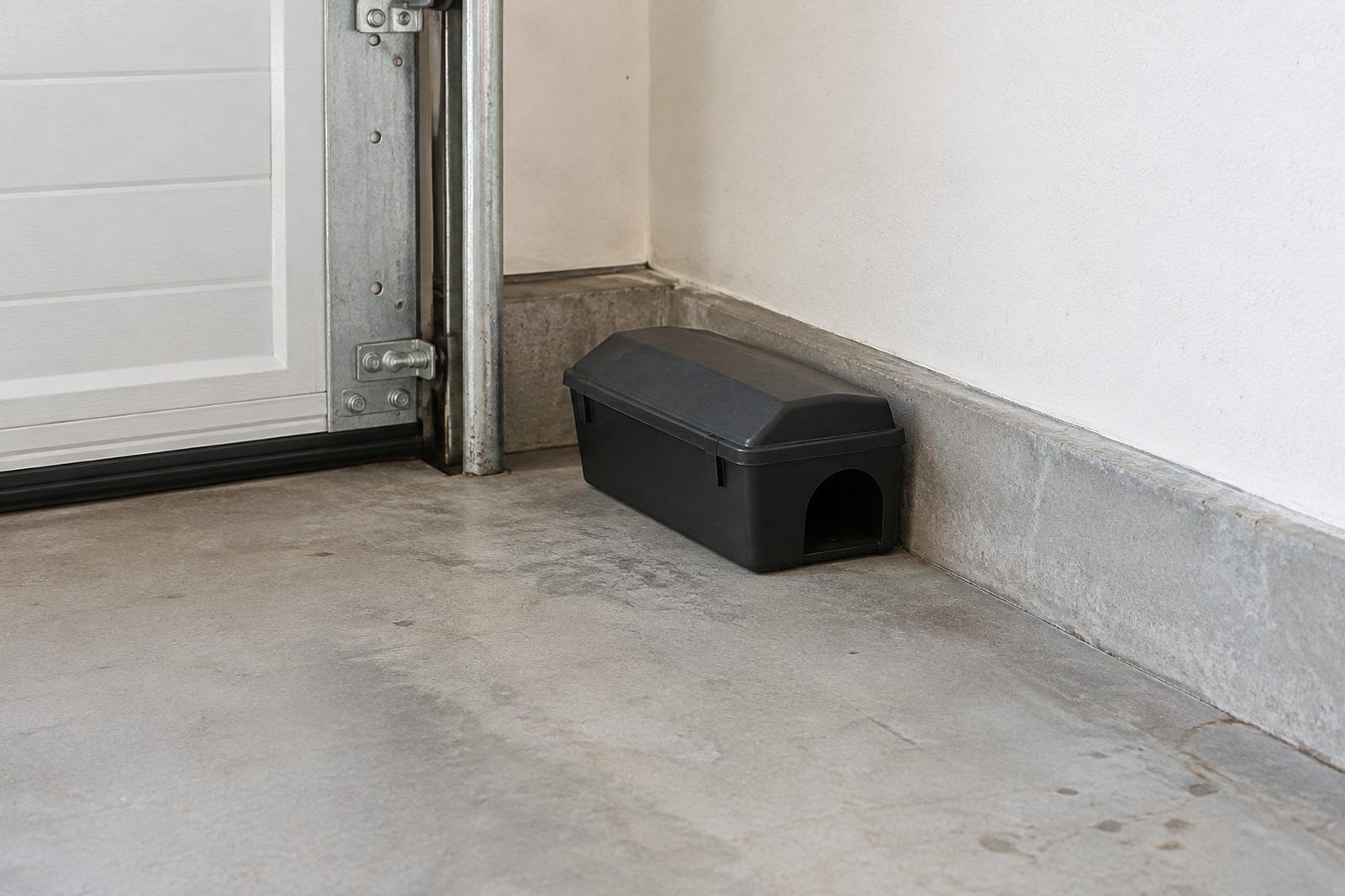 Tamper-resistant rodent bait station in a residential garage
