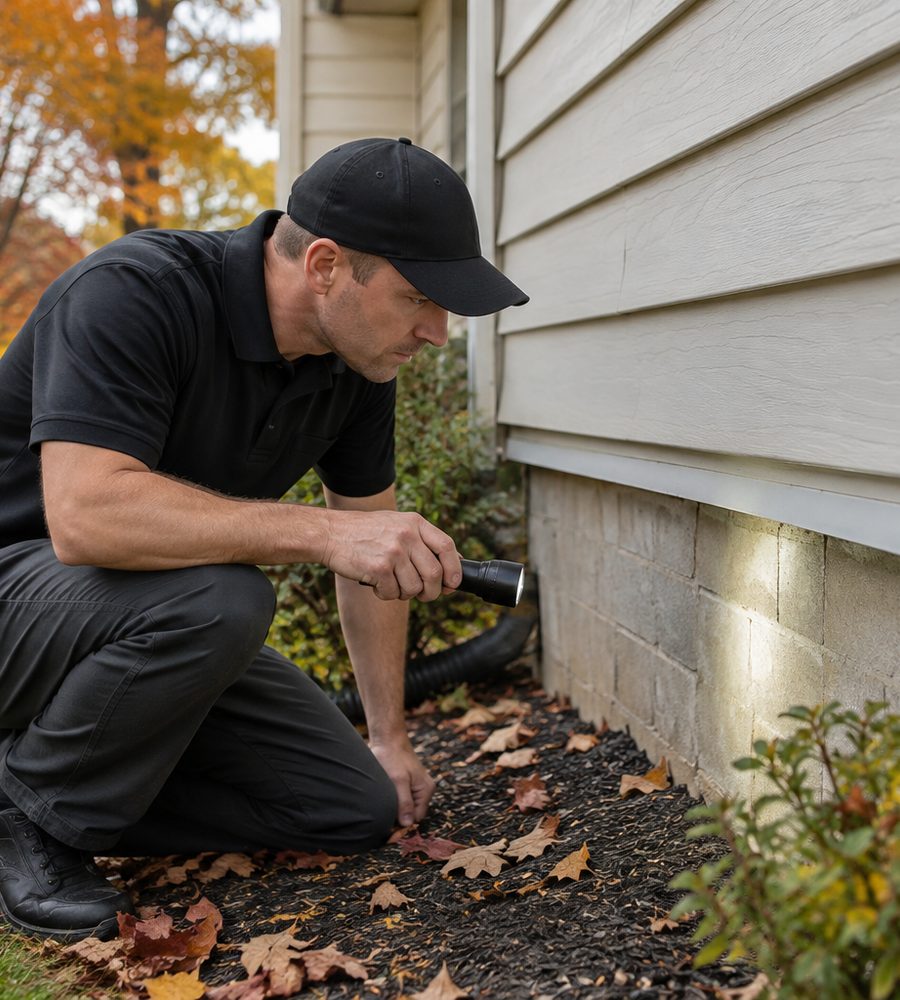 Pest control technician inspecting a home foundation in Fort Wayne, IN